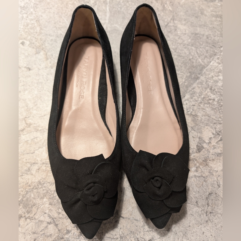 Taryn Rose Italian Leather Flats | Black Rose Appliqué | Size 7.5